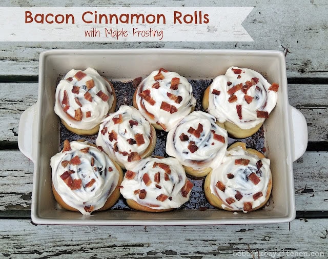 Overhead view of sugar-free maple bacon cinnamon rolls in a 9 x 13 baking dish.