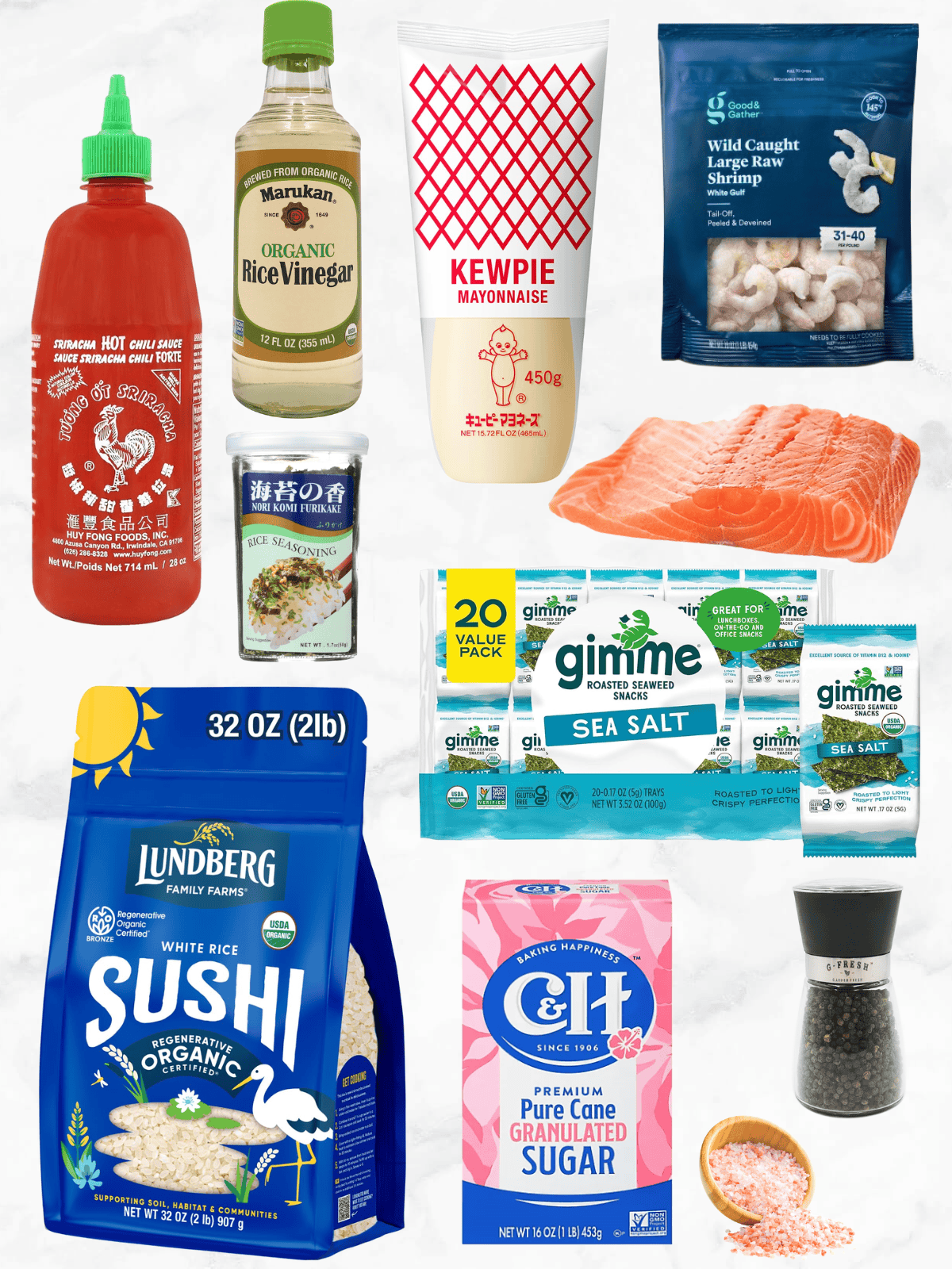 All of the ingrdients needed to make my Viral TikTok Sushi Bake on a white marble background.