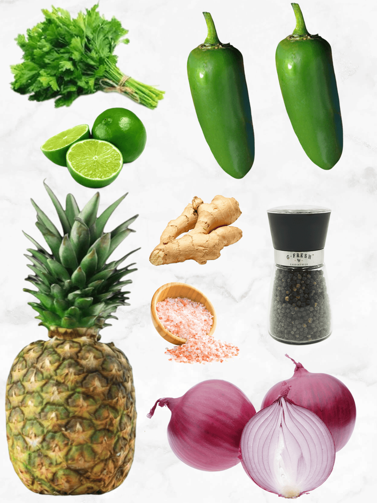 All of the ingredients needed to make grilled pineapple salsa on a white marble background.
