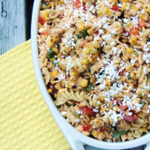 Overhead closeup of Elote Pasta Salad.
