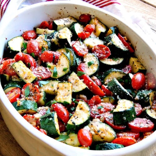 Featured inage for this garlic parmesan baked zucchini and tomatoes recipe.